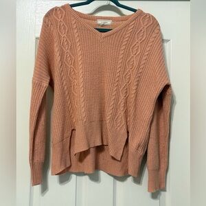 Cozy V-Neck Cable Knit Sweater in Warm Peach